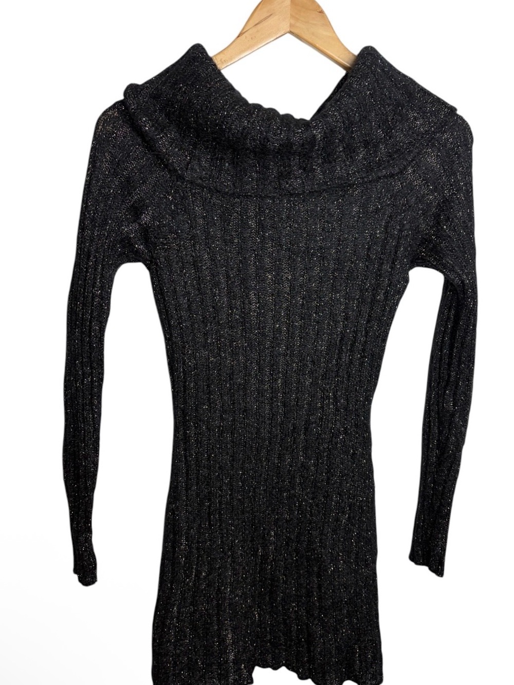Y2K mohair cowl neck black & gold metallic sweater dress long sleeve size XS